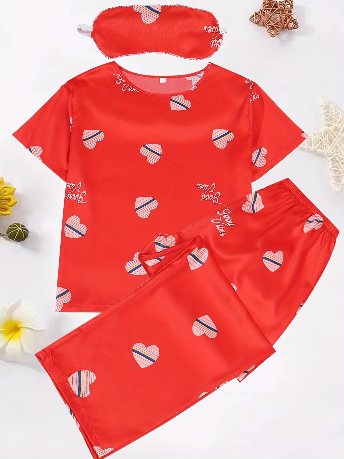 Heart Print Satin Pajama Set with Eye Mask