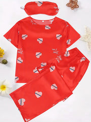 Heart Print Satin Pajama Set with Eye Mask