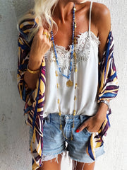 Leaf Print V Neck Cover Up Shirt Loose Fit Long Sleeves Non Stretch