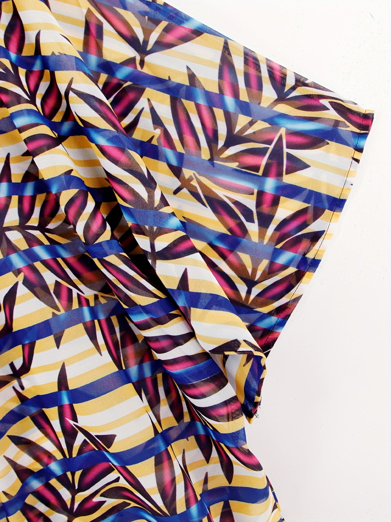 Leaf Print V Neck Cover Up Shirt Loose Fit Long Sleeves Non Stretch
