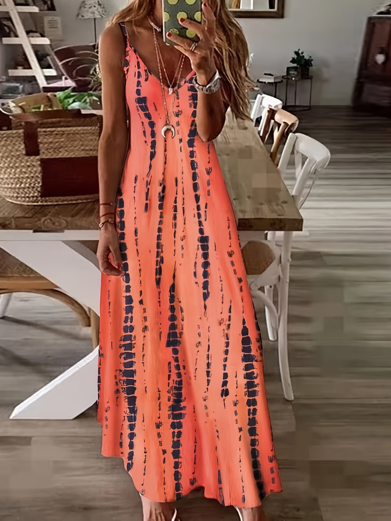 Tie Dye Spaghetti Dress Casual Loose V neck Ankle Cami Dress Women's Clothing