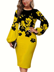 Floral Print Lantern Sleeve Round Neck Midi Dress Plus Size