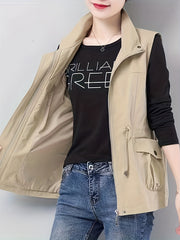 Casual Sleeveless Vest Jacket with Drawstring Waist