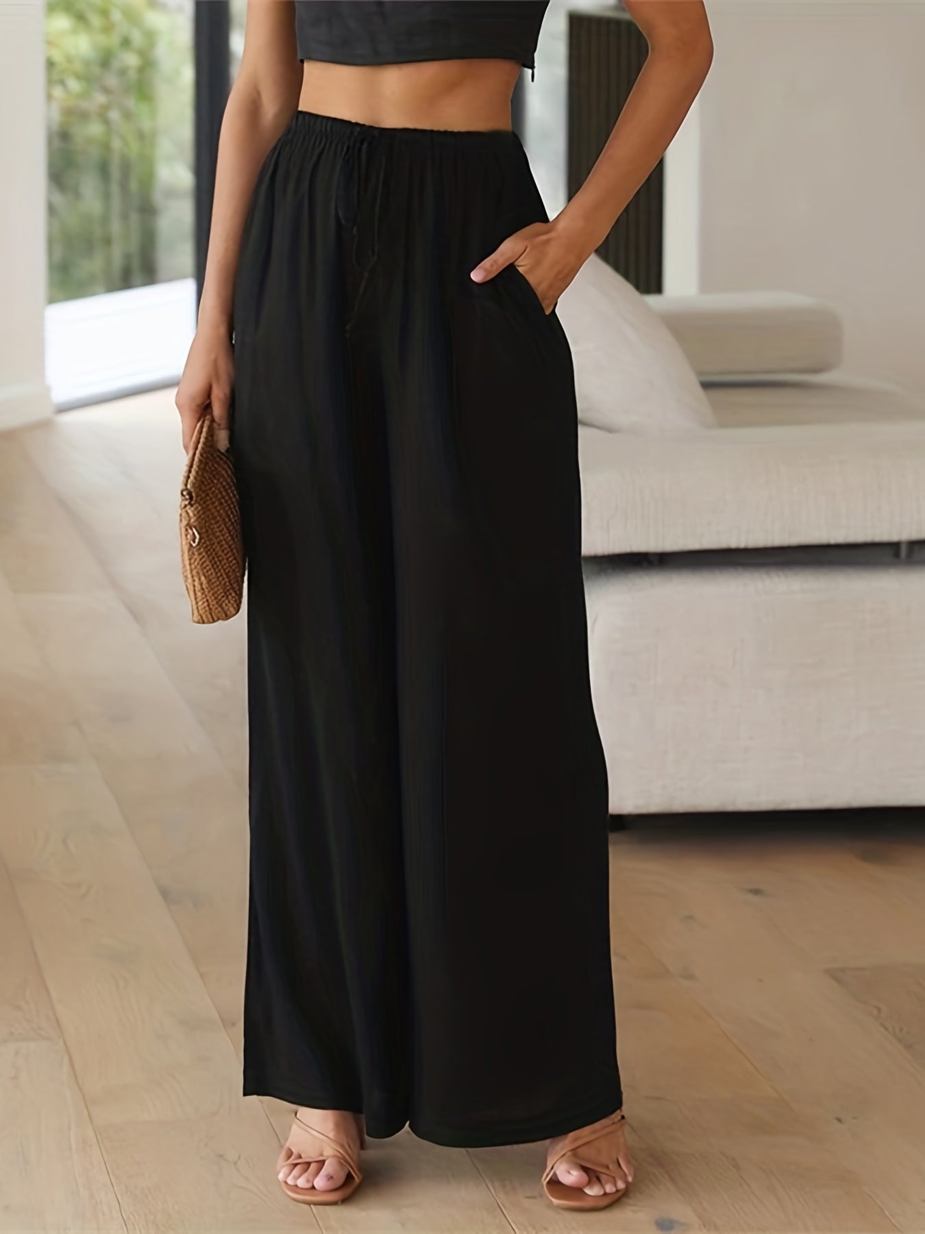 Drawstring Wide Leg Pants Casual Elastic Waist Long Length