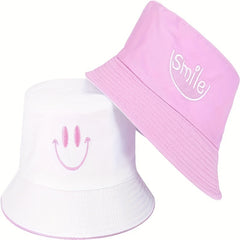 Smiling Face Embroidery Bucket Hat Reversible UV Protection Sun Hat