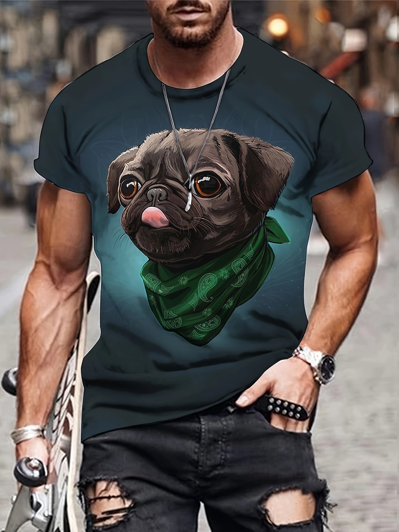 Men's 3D Pug Print T shirt Casual Comfy Mid Stretch Crew Neck Tee