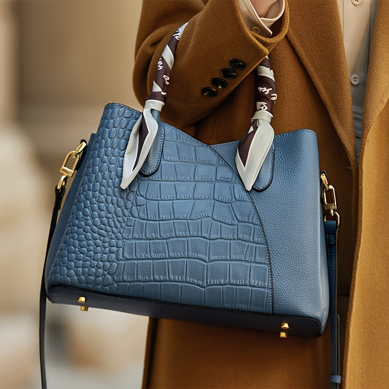 Crocodile Pattern Leather Tote Bag with Scarf Handle