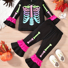 Girl's Skeleton Halloween Cosplay Costume Trumpet Sleeve & Flared Pants