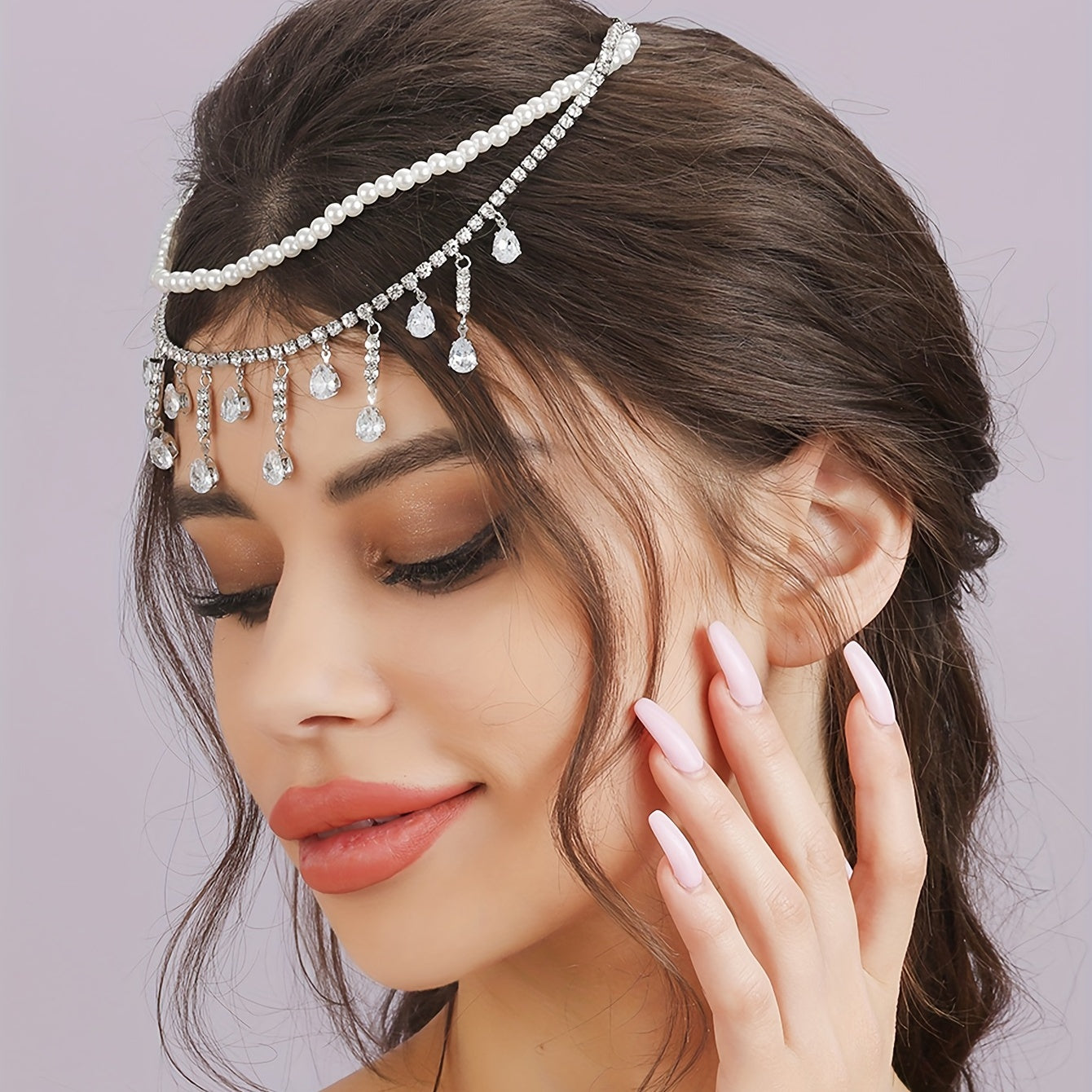 Bridal Zircon Faux Pearl Headband Rhinestone Pendant Tassel Hair Accessory