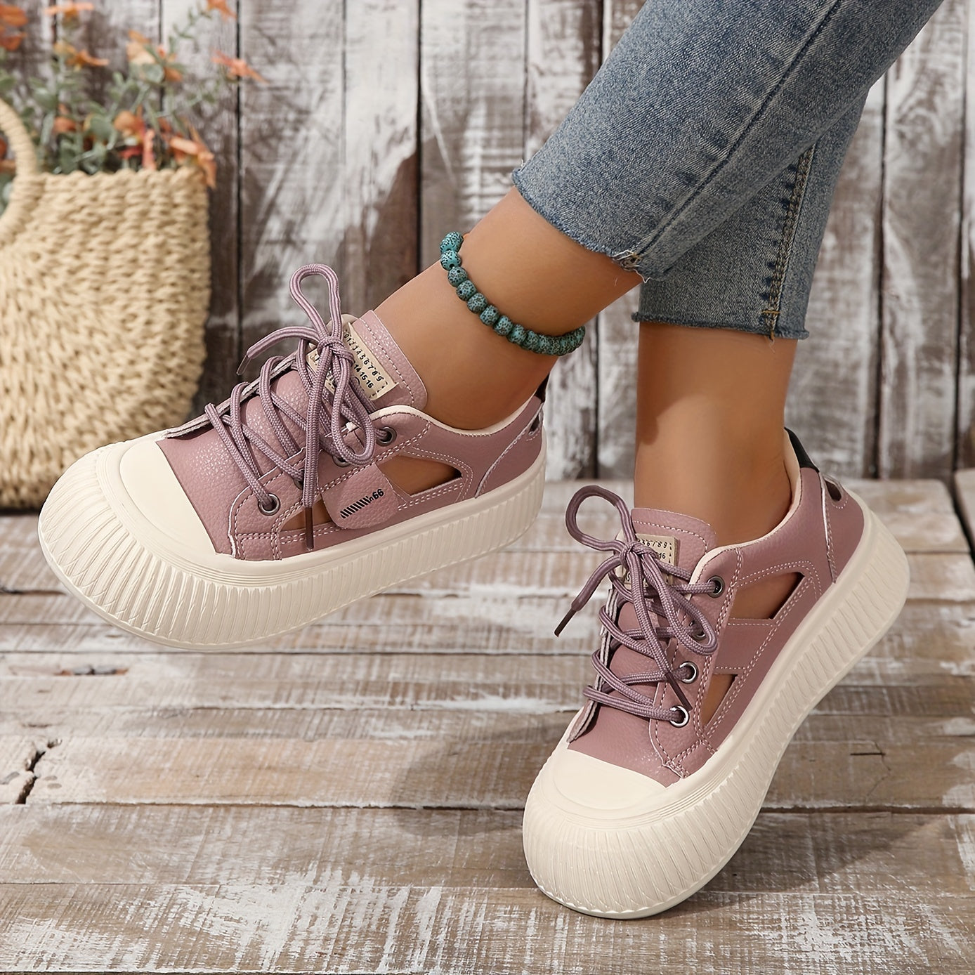 Women's Cutout Platform Sneakers Lace Up Low Top Shoes