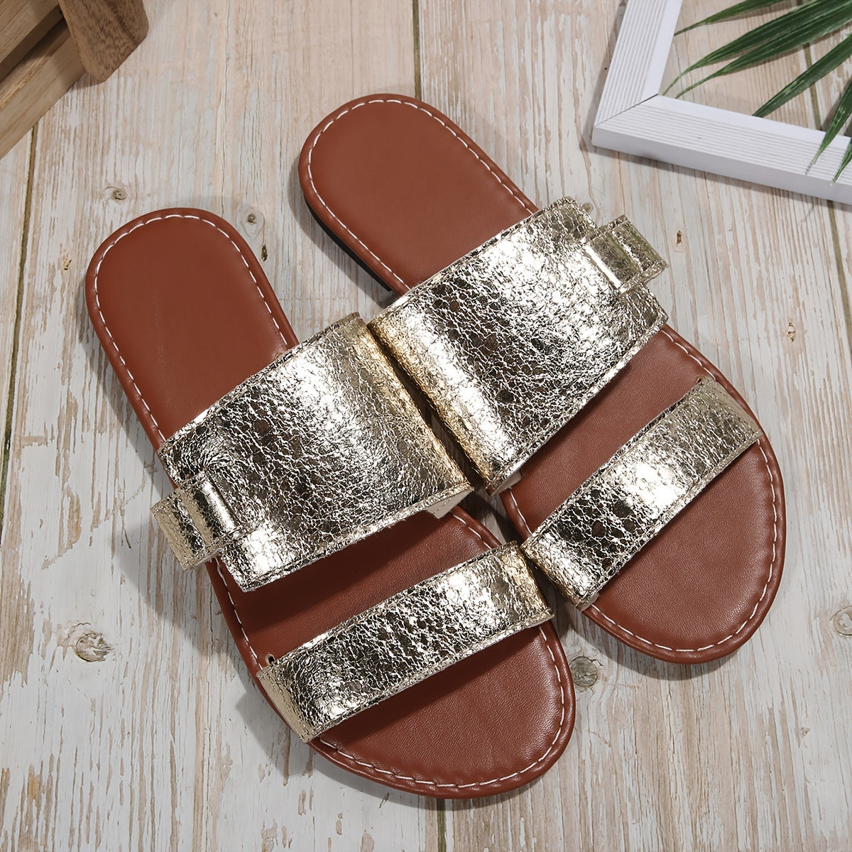 Women's Open Toe Flat Slides Casual Golden Slip On Slide Sandals