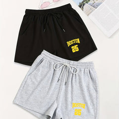 Drawstring Shorts 2 Pack Boston Print Loose Casual Summer Women's Clothing