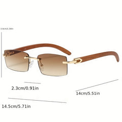 Men's Rimless Brown Tint Rectangular Vintage Wood Grain Sunglasses