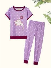 Kid's Polka Dot Pajama Set with Cartoon Cat Print - Cute Loungewear