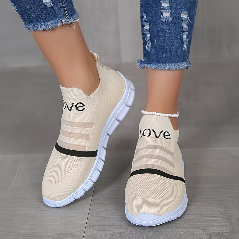 Women's Breathable Slip-On Sneakers LOVE Pattern Stripe Elastic Outdoor Shoes