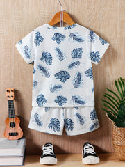 Boys Leaves Print T Shirt And Shorts Set