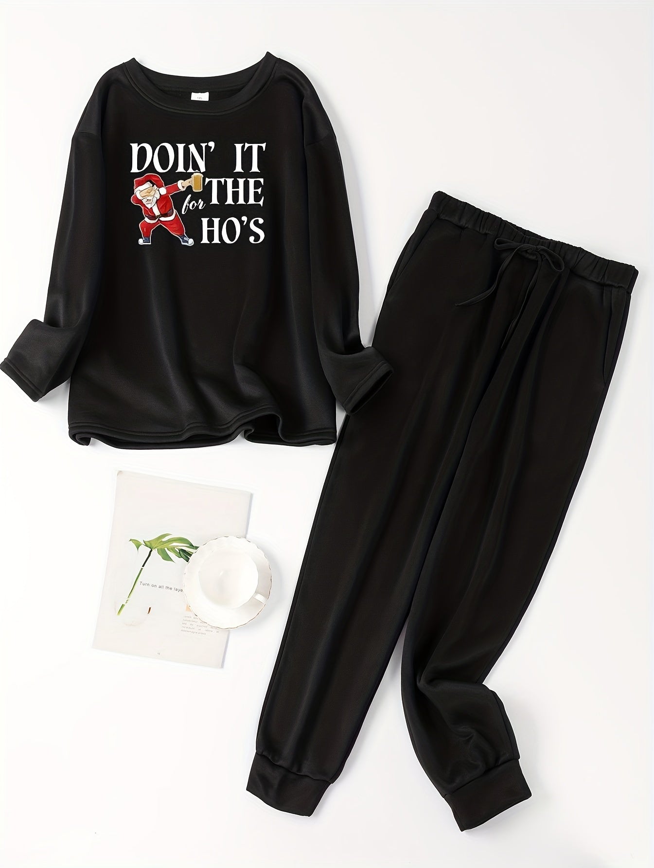 Santa Claus Lounge Set Crew Neck Fleece Top & Tie Pants Pajamas
