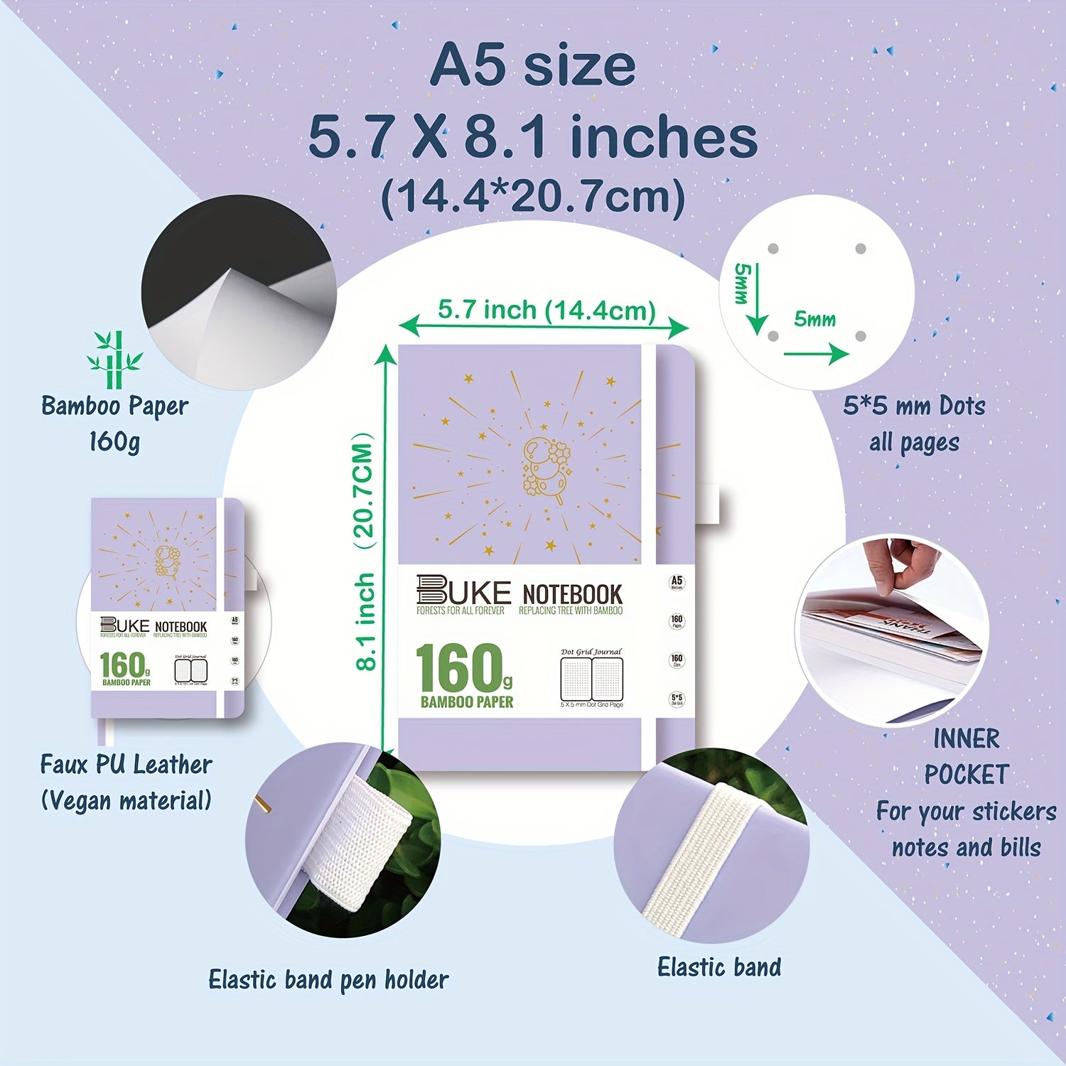 Dotted Journal Thick Paper 160 Pages A5 Light Purple Vegan Leather Cover