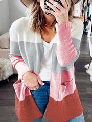 Colorblock Open Front Cardigan With Pockets