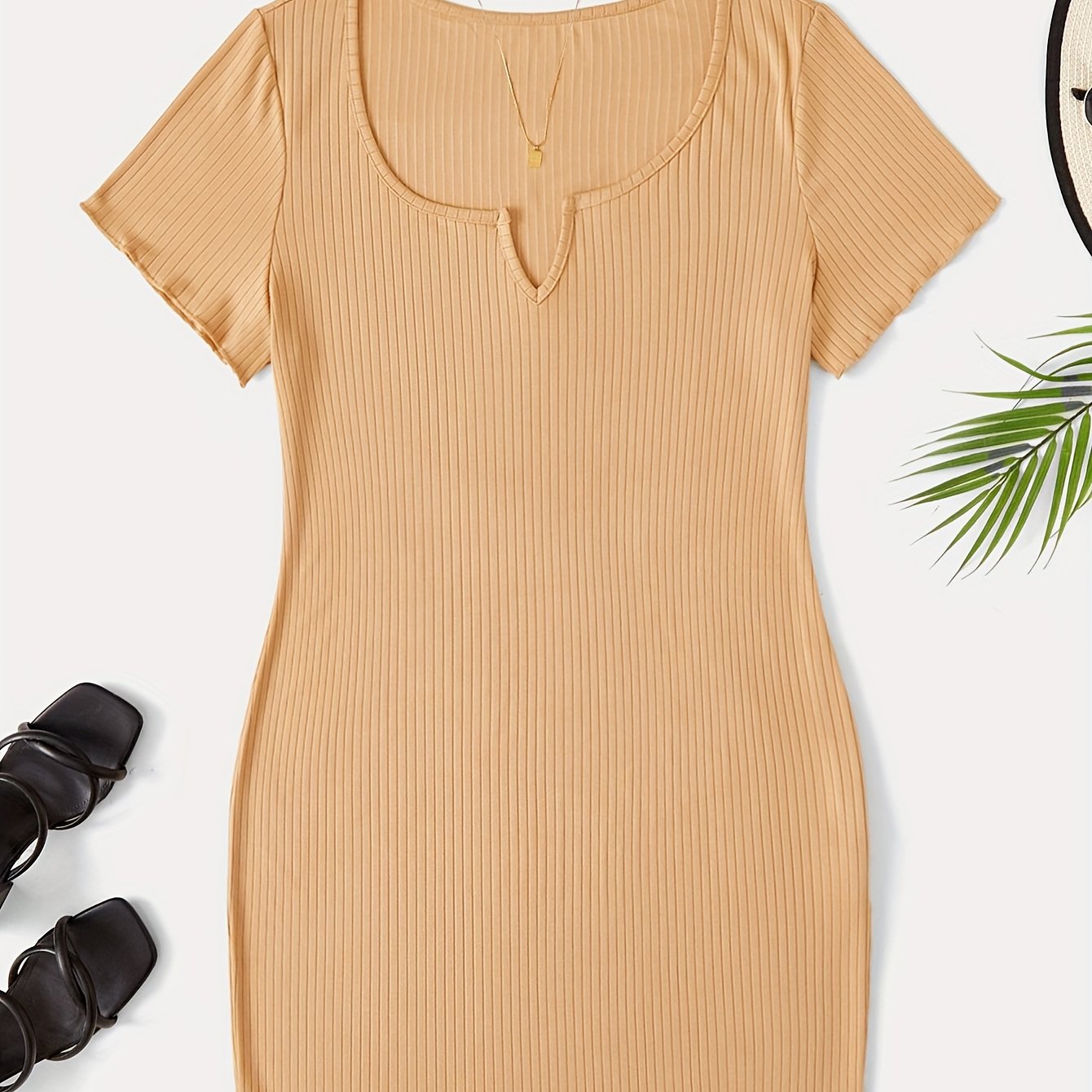 Ribbed Notched Neck Short Sleeve Mini Dress
