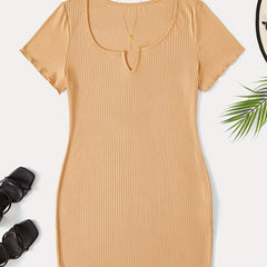 Ribbed Notched Neck Short Sleeve Mini Dress
