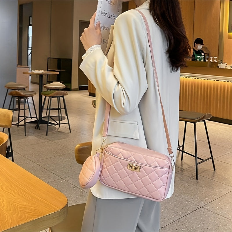 Quilted Shoulder Bag Faux Leather Crossbody Bag Zipper Turn Lock