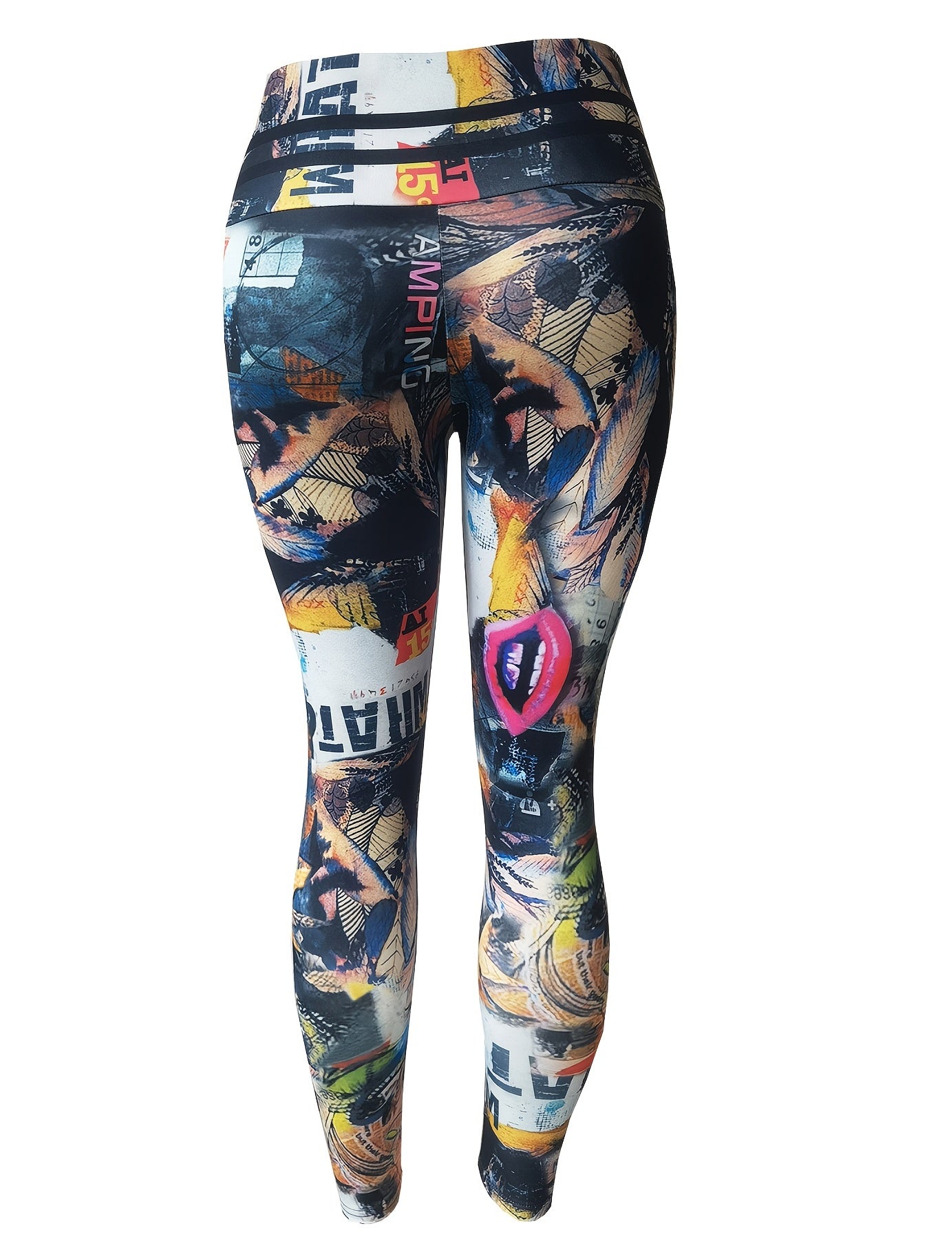 Vintage Lips Print Sports Leggings High Elastic Fitness Running Pants