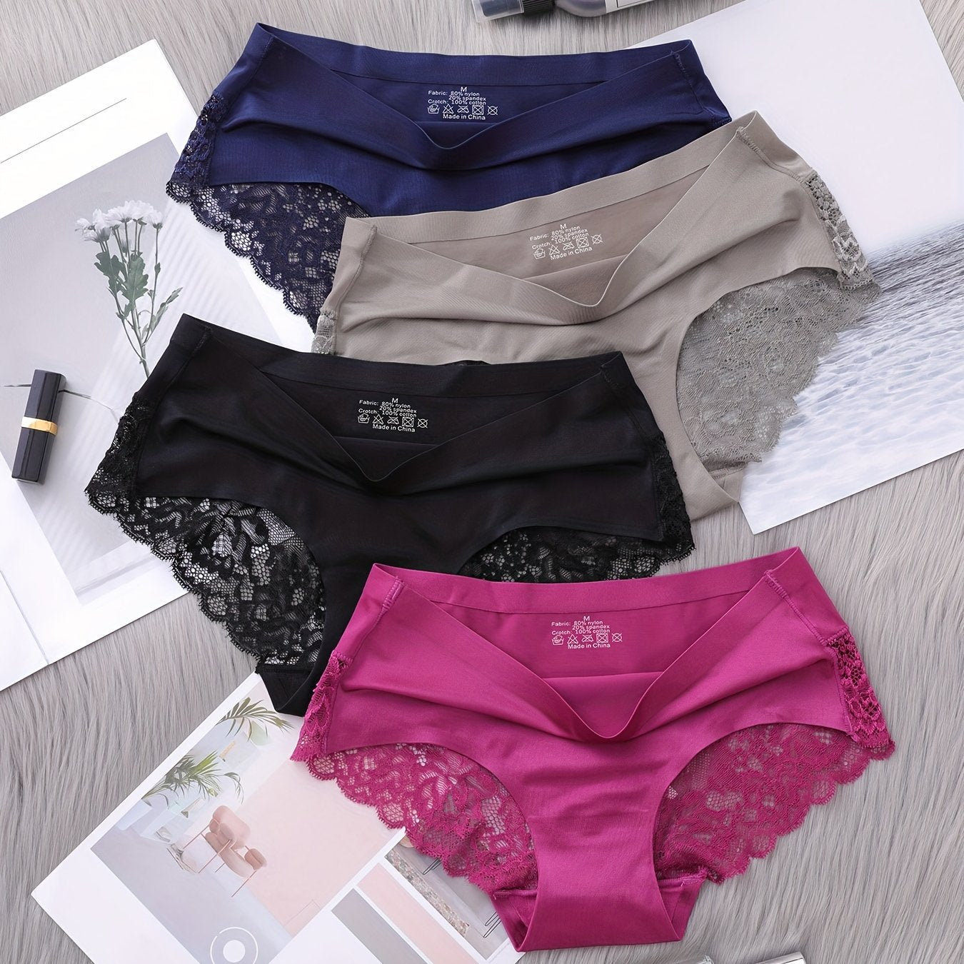 4pcs Lace Briefs Comfy Scallop Trim Panties Women's Lingerie