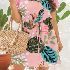 Leaf Print Short Sleeve V Neck Drawstring Nipped Waist Ruched Dress