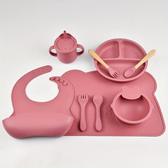 9pcs Kids Tableware Set Silicone Divided Plate Fork Spoon Cartoon Table Mat