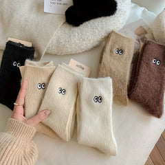 3 Pairs Cartoon Eyes Embroidery Socks Warm & Floor Socks Women's Stockings