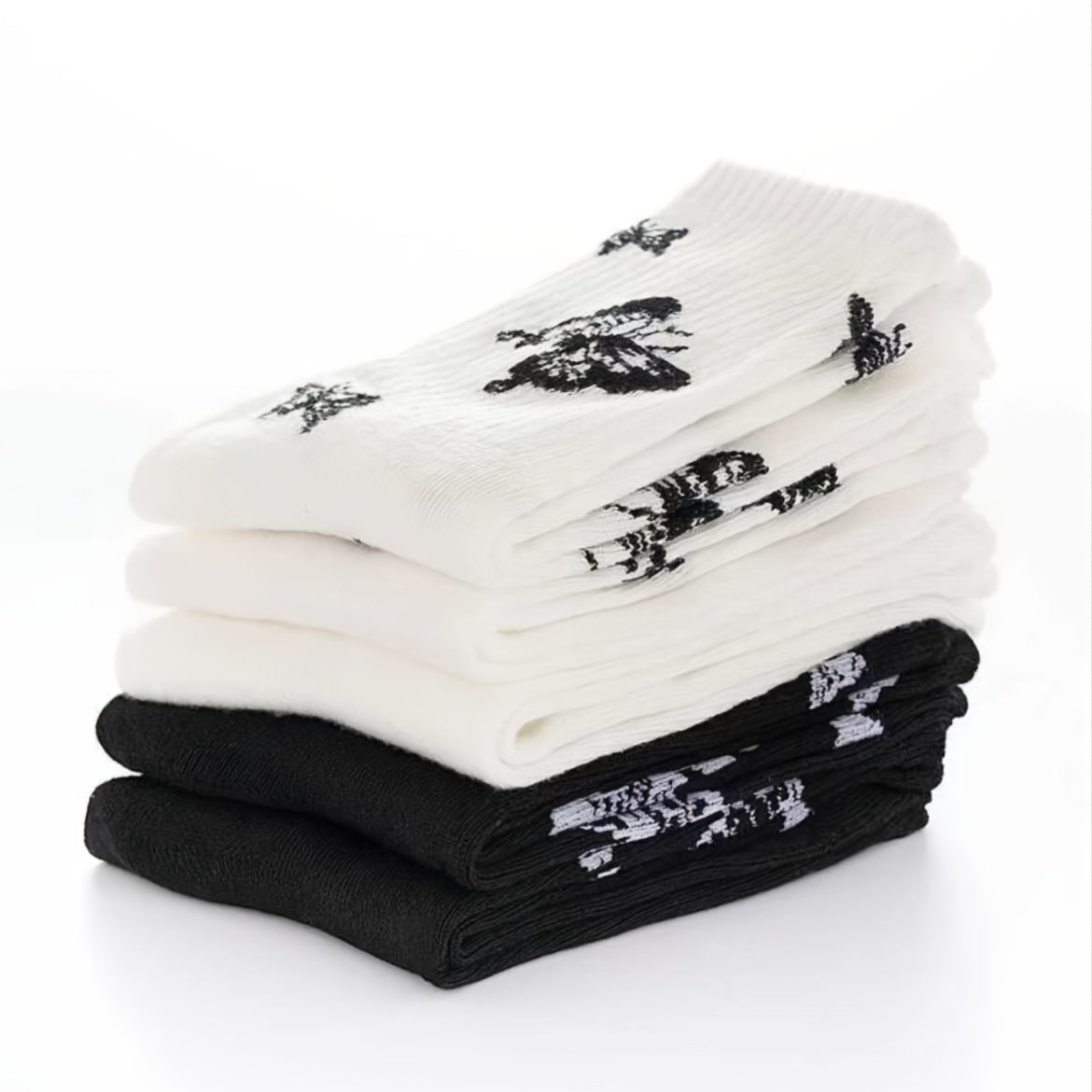 5 Pairs Butterfly Graphic Print Crew Socks Women's Stockings & Hosiery
