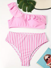 One Shoulder Ruffle Trim Bikini Set