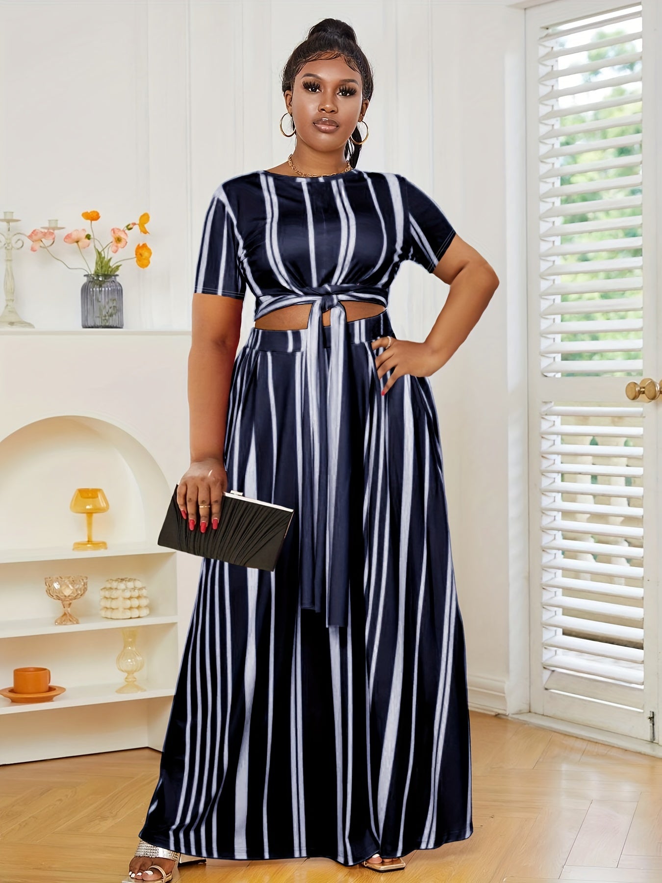 Stripe Print Short Sleeve Crop Top & Maxi Skirt Set