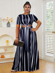 Stripe Print Short Sleeve Crop Top & Maxi Skirt Set
