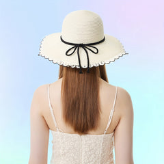 Wide Brim Sun Hat Straw Ribbon Bowknot Decor
