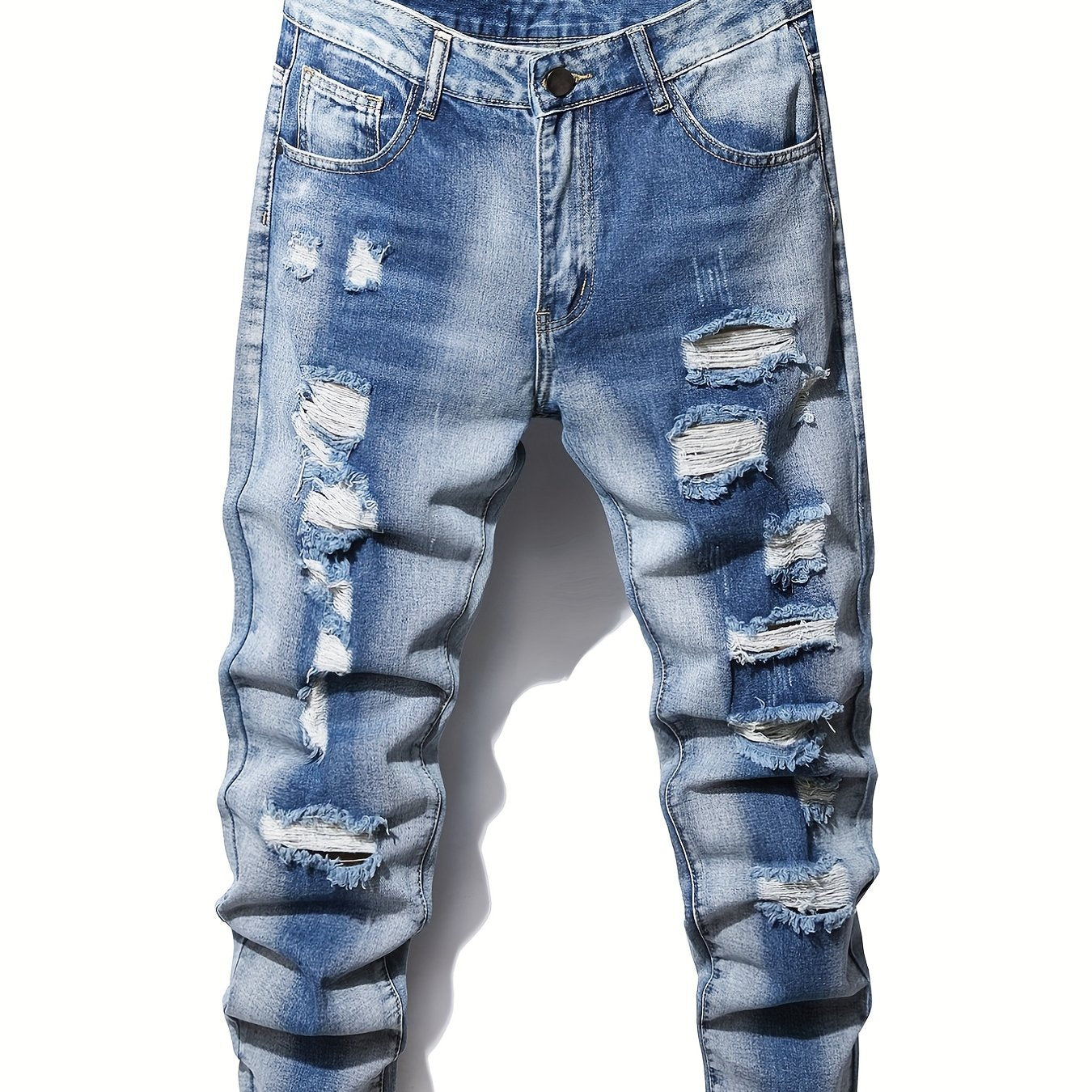 Men's Ripped Straight Leg Jeans Slim Fit Denim Pants