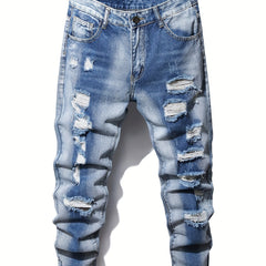 Men's Ripped Straight Leg Jeans Slim Fit Denim Pants