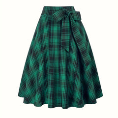 Plaid Print A-line Skirt with Bow Knot Detail