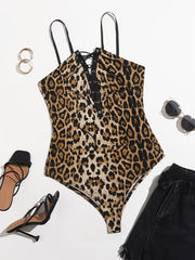 Leopard Print Knot Front Cami Plus Size Bodysuit