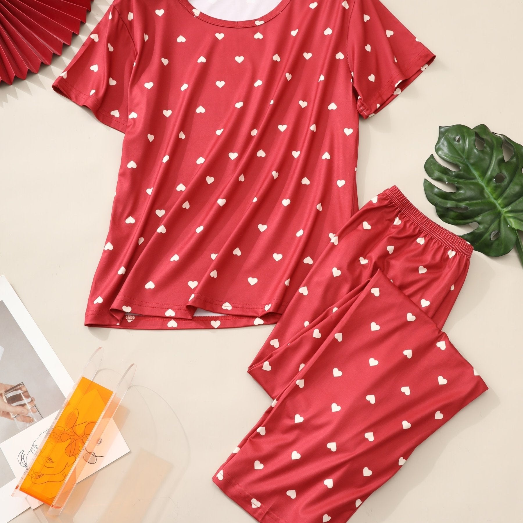 Heart Print Pajama Set Short Sleeve Top & Lounge Pants