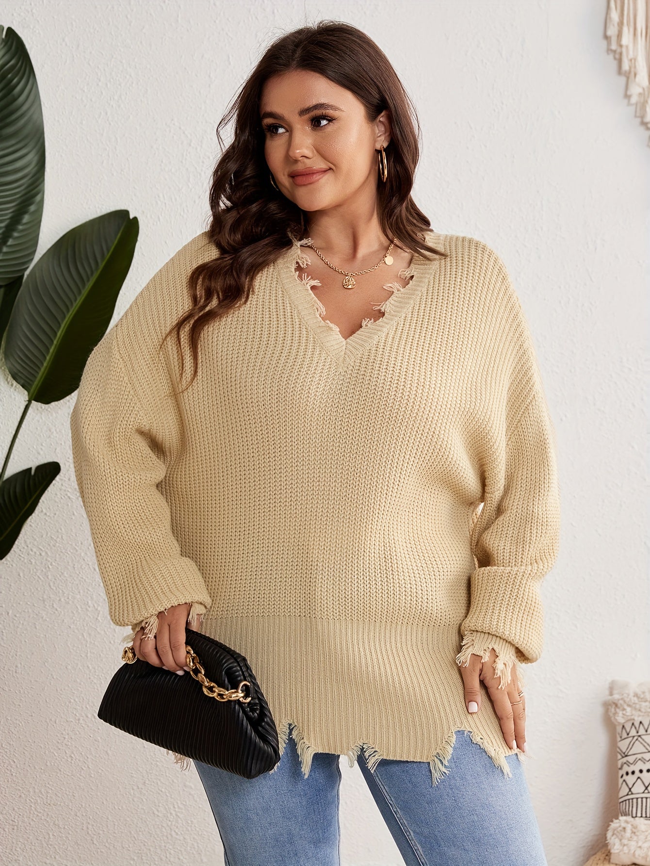 V Neck Distressed Edge Sweater