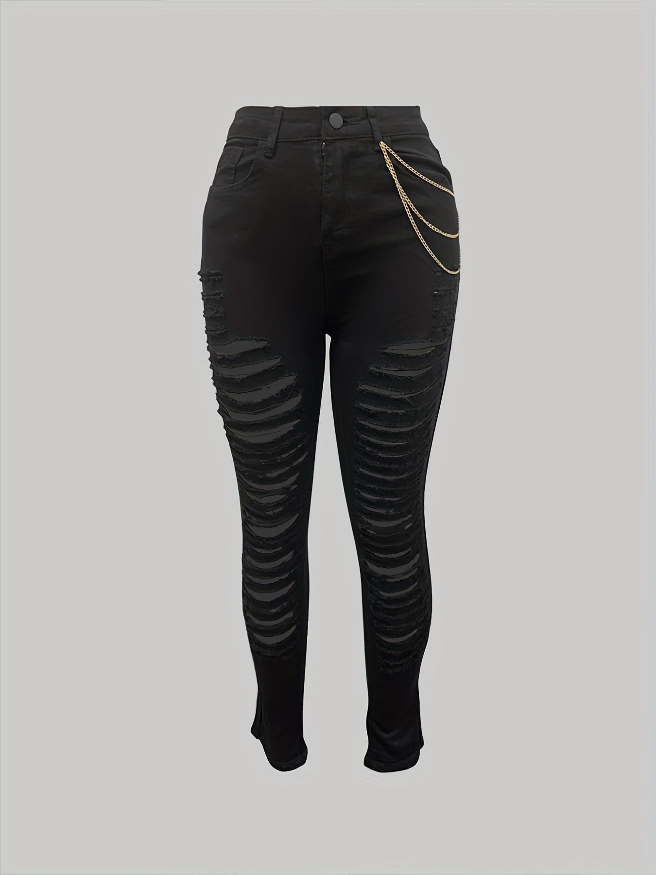 Distressed Metal Chain Skinny Jeans High Stretch Denim Pants