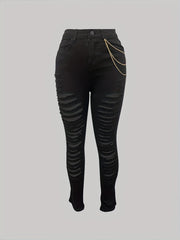 Distressed Metal Chain Skinny Jeans High Stretch Denim Pants