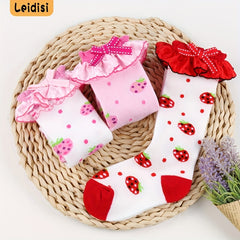 2 Pairs Knee Lace Socks Strawberry Jacquard Kids Bow Jewelry Socks Girls