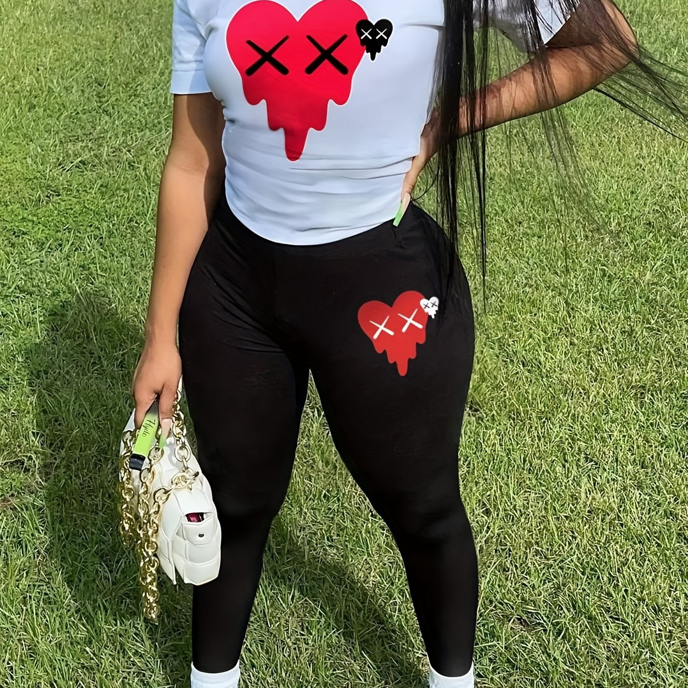 Women's Plus Heart Print Crop Top & Pants Set