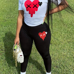 Women's Plus Heart Print Crop Top & Pants Set