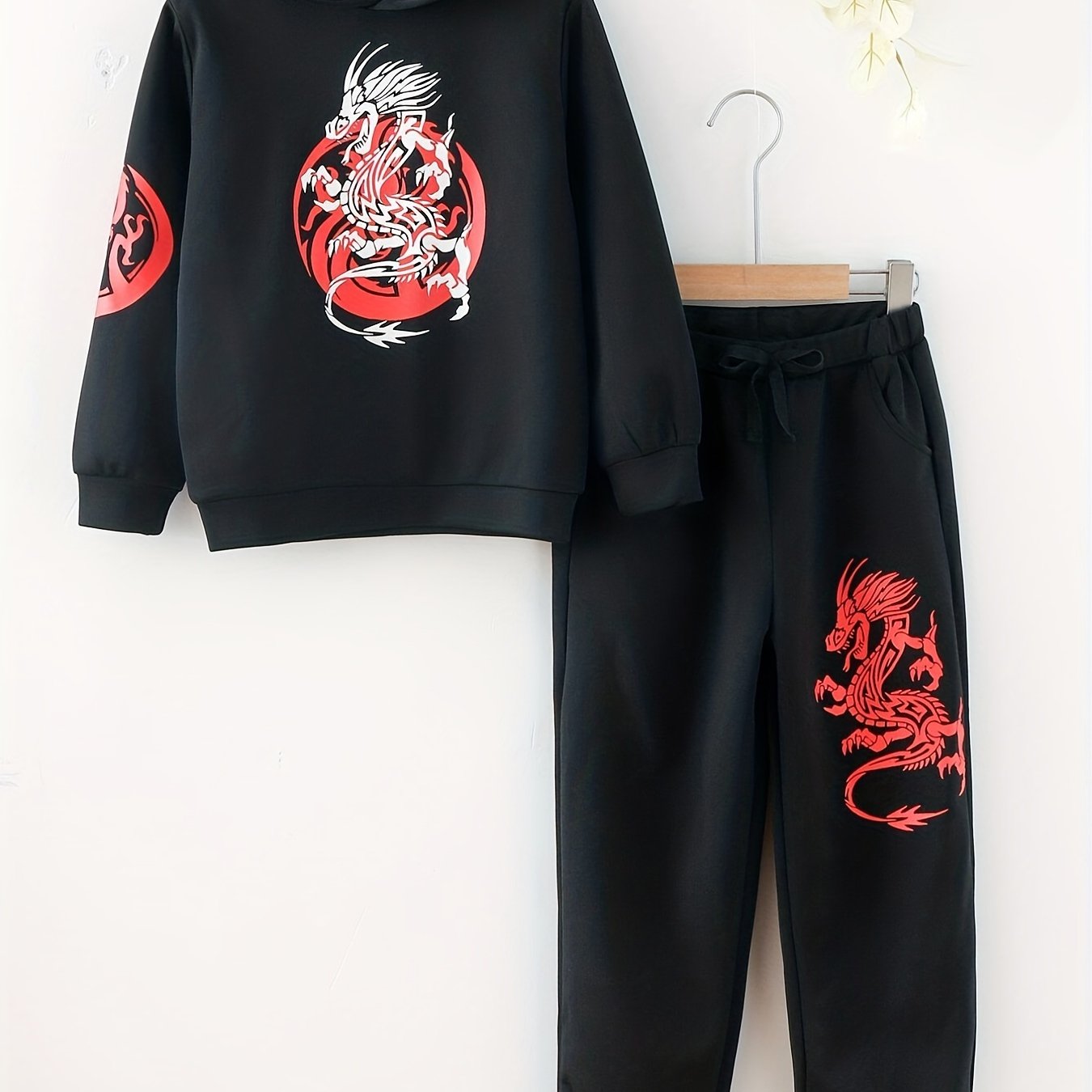 Dragon Print Hoodie & Sweatpants Set for Boys, Spring/Autumn Casual Outfit