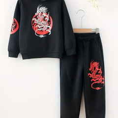 Dragon Print Hoodie & Sweatpants Set for Boys, Spring/Autumn Casual Outfit