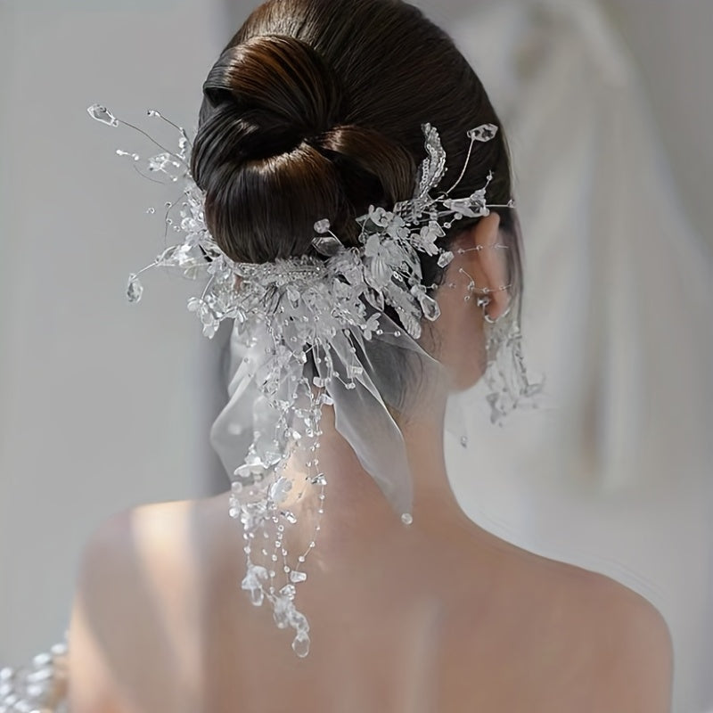 Crystal Beads Flower Veil Sweet Wedding Headwear With Clip Hair Accessories